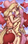  &hearts; applejack_(mlp) blonde_hair bow camisole ears female fluttershy_(mlp) friendship_is_magic hair hand_in_hair humanized lesbian my_little_pony nuzzle panties pink_hair shirt tail tank_top underwear wings yeaka 
