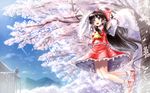  aldehyde arms_up bad_id bad_pixiv_id black_eyes black_hair blue_sky blush bow cherry_blossoms day detached_sleeves hair_bow hakurei_reimu highres jumping midriff open_mouth ponytail red_skirt skirt sky smile solo touhou tree upskirt 