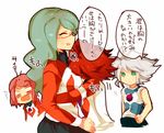  2girls between_breasts blush bonitona breasts burn burn_(inazuma_eleven) gazelle green_eyes hasuike_an head_between_breasts hug inazuma_eleven inazuma_eleven_(series) long_hair motorboat motorboating multiple_boys multiple_girls nagumo_haruya nitou_honoka open_mouth rean red_hair short_hair simple_background suzuno_fuusuke white_background white_hair 