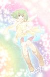  bad_id bad_pixiv_id boots dress finger_to_mouth floating green_hair highres kasuga_hamui macross macross_frontier rainbow_background ranka_lee red_eyes scarf short_hair smile solo 