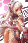  ass blush fang gauntlets hairband highres kirin_(armor) lagombi_(armor) monster_hunter monster_hunter_portable_3rd open_mouth pouch red_eyes solo tsukigami_chronica weapon 