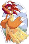  2007 canine clothed dress female field firekitty fox green_eyes hair long_hair long_red_hair multiple_tails orange outside red_hair solo sylia tail white 