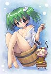  absurdres bad_feet bare_legs bare_shoulders barefoot blonde_hair bow breasts bucket chibi cleavage green_hair hair_bobbles hair_ornament highres in_bucket in_container kisume kurodani_yamame kurogarasu legs medium_breasts multiple_girls off_shoulder older open_clothes short_hair touhou twintails wooden_bucket 