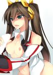  breasts brown_hair censored dean detached_sleeves fang green_eyes hair_ribbon handjob highres huang_lingyin infinite_stratos long_hair navel nipples no_panties open_clothes open_mouth penis ribbon small_breasts solo_focus twintails 