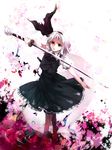  awa_toka black_hairband cherry_blossoms ghost green_eyes hairband highres katana konpaku_youmu konpaku_youmu_(ghost) petals short_hair silver_hair solo sword touhou tree vest water weapon white_hair 