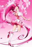  boots bow choker cure_blossom flower from_behind hanasaki_tsubomi heartcatch_precure! knee_boots long_hair looking_back magical_girl moupii_(hitsuji_no_ki) pink pink_background pink_bow pink_eyes pink_hair ponytail precure red_choker skirt solo very_long_hair 