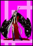  breasts cleavage dress earrings female final_fantasy final_fantasy_viii full_body high_heels highres jewelry kitsuki_(chaotic-v) kitsuki_(pixiv1737079) long_hair midriff pointy_ears shoes silver_hair solo tattoo ultimecia very_long_hair wings yellow_eyes 