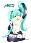  aqua_eyes aqua_hair arm_up armpits barefoot belt bridal_gauntlets center_opening elbow_gloves fingerless_gloves gloves hatsune_miku hatsune_miku_(append) lifting long_hair nagian navel open_mouth sitting solo toeless_legwear very_long_hair vocaloid vocaloid_append wariza 