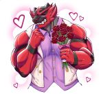  &lt;3 2019 4_fingers anthro bare_shoulder biceps big_muscles biped black_fur black_markings black_stripes blush bouquet brown_nose cheek_tuft clothed clothing daily-incineroar digital_drawing_(artwork) digital_media_(artwork) dress_shirt eyebrows eyes_closed facial_markings fangs felid flower flustered forehead_markings front_view frown fur fur_tuft grey_fur half-length_portrait hi_res holding_flower holding_object incineroar lighting male mammal markings multicolored_fur muscular muscular_male nintendo pantherine plant pok&eacute;mon pok&eacute;mon_(species) portrait purple_clothing purple_topwear red_eyebrows red_fur red_markings ribbons rose rose_(flower) shadow sharp_teeth shirt shy simple_background sleeveless snout solo striped_fur striped_tail stripes sweater_vest sweatervest teeth triceps tuft unibrow video_games white_background white_clothing white_topwear 