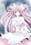  bow dress gloves hair_bow kaname_madoka long_hair mahou_shoujo_madoka_magica mamemix outstretched_hand pink_hair solo spoilers two_side_up ultimate_madoka wings yellow_eyes 