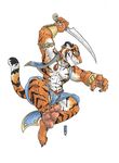  2009 4_toes 5_fingers abs anthro armlet barefoot biped black_body black_fur claws clothed clothing ear_piercing feet felid fingers fur holding_melee_weapon holding_object holding_sword holding_weapon jewelry jumping knife male mammal melee_weapon mitchdlg muscular muscular_anthro muscular_male necklace orange_body orange_fur pantherine pendant piercing raised_arm simple_background solo stripes sword tail tiger toes topwear vest weapon white_background white_body white_fur 
