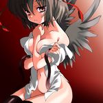  bad_id bad_pixiv_id bare_shoulders between_breasts black_legwear black_wings bottomless breasts brown_eyes brown_hair cleavage groin large_breasts light light_smile looking_at_viewer naked_shirt navel no_bra off_shoulder open_clothes open_shirt seidou_(tukinomiyako) shameimaru_aya shirt short_hair sitting smile solo thighhighs touhou undressing wings 