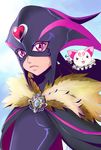  amawa_kazuhiro black_bodysuit bodysuit cure_muse_(black) eyelashes face frown heart highres hummy_(suite_precure) magical_girl mask precure purple_eyes shawl shirabe_ako solo suite_precure 