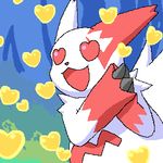  &lt;3 &lt;3_eyes abstract_background ambiguous_gender clasped_hands fur happy love low_res markings nintendo nisemono open_mouth pink_fur pok&#233;mon pok&eacute;mon red_markings solo video_games white_fur zangoose 