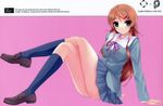  1girl :&lt; absurdres arm_support blue_eyes brown_hair cradle_(artist) crossed_legs engrish highres kousaka_kirino kuroya_shinobu legs legs_crossed loafers long_hair long_legs looking_at_viewer misaki_kurehito ore_no_imouto_ga_konna_ni_kawaii_wake_ga_nai ranguage school_uniform shoes sitting solo 