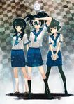  bandaid black_hair black_legwear black_rock_shooter blue_eyes brown_eyes checkered checkered_background green_eyes highres koutari_yuu kuroi_mato long_hair messy_hair multiple_girls pantyhose pinfan school_uniform serafuku short_twintails skirt socks takanashi_yomi twintails white_legwear 