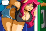  4_fingers anthro appliance bent_over big_breasts bottomwear breasts cel_shading cleavage clothed clothing dialogue domestic_pig empty_speech_bubble eyeshadow female fingers fridge fur green_eyes hair kitchen_appliance long_hair machine makeup mammal nipple_outline oh_exploitable open_mouth orange_body orange_fur overweight overweight_anthro overweight_female pandora_pig pink_hair shaded shonuff shorts solo source_request speech_bubble suid suina sus_(pig) torn_clothing 