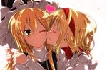  alice_margatroid anime_coloring backlighting blonde_hair blush cheek_kiss closed_eyes face hairband hand_on_shoulder hat heart hug imminent_kiss kirisame_marisa kiss multiple_girls one_eye_closed sazanami_mio touhou witch_hat yellow_eyes yuri 