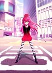  boots building city cosplay cul dress long_hair microphone microphone_stand ponytail red_eyes red_hair solo striped striped_legwear thighhighs vocaloid vy1 vy1_(cosplay) yonasawa 