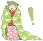  1girl bad_id bad_tumblr_id blanket child closed_eyes green_hair happy hood hoodie joanna_(mojo!) koiwai_yotsuba pajamas quad_tails short_hair smile solo yotsubato! 