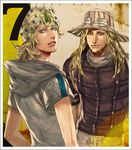  belt blonde_hair blue_eyes gyro_zeppeli hat hood hoodie johnny_joestar jojo_no_kimyou_na_bouken kyokugei looking_back markings multiple_boys open_mouth smile steel_ball_run 