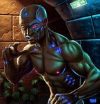 abs android copyright_request facial_hair glowing glowing_eyes glowing_nipples male_focus matataku muscle mustache nipples old_man robot solo 