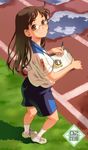  brown_eyes brown_hair clipboard face glasses gym_uniform long_hair original pairan pen shorts smile socks solo stopwatch track_and_field watch 