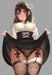  1girl backlighting black_hair black_panties black_skirt blue_eyes blush breasts brown_legwear buttons closed_mouth collared_shirt commentary_request cowboy_shot dress_shirt embarrassed flying_sweatdrops garter_belt gluteal_fold grey_background groin hair_between_eyes hair_ornament hair_ribbon head_tilt kureha_(ironika) large_breasts lingerie long_hair long_sleeves looking_at_viewer original panties pleated_skirt ribbon shirt sidelocks simple_background skirt skirt_lift solo standing thigh_gap tsubasa_(kureha) underbust underwear white_ribbon white_shirt wide_hips 