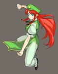  blue_eyes braid breasts chinese_clothes fighting_stance hat highres hong_meiling kung_fu long_hair medium_breasts pants red_hair simple_background sketch solo star tetsu_(kimuchi) touhou twin_braids 