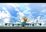  747_(airplane) aircraft airplane bad_id bad_pixiv_id cloud day flag from_behind green_hair hatsune_miku haz_first_music highres letterboxed long_hair skirt sky solo twintails very_long_hair vocaloid 