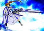  armor black_legwear boots brown_hair cloud coggie dress fingerless_gloves flying fortress_(nanoha) gloves hair_ribbon highres long_hair lyrical_nanoha magical_girl mahou_senki_lyrical_nanoha_force purple_eyes ribbon side_ponytail sky socks solo strike_cannon takamachi_nanoha white_dress 