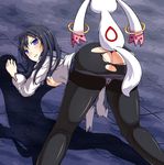  akemi_homura all_fours ass black_hair black_legwear blue_eyes blush clenched_teeth from_behind hairband kyubey long_hair looking_back mahou_shoujo_madoka_magica miyashiro_ryuutarou panties pantyhose shadow teeth top-down_bottom-up torn_clothes torn_legwear underwear 