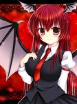  asazuki_kanai bat_wings breasts head_wings highres koakuma large_breasts long_hair necktie red_eyes red_hair red_neckwear solo touhou wings 