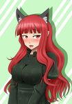  :3 absurdres alternate_hairstyle animal_ears blush breasts cat_ears extra_ears fang fukuro_(claw) hair_down highres kaenbyou_rin large_breasts long_hair looking_away open_mouth red_eyes red_hair smile solo sweatdrop touhou upper_body 
