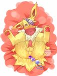  balls blush eeveelution eye_patch eyewear hindpaw jolteon kosian legs_up looking_at_viewer lying male nintendo on_back pawpads paws penis plain_background pok&#233;mon pok&eacute;mon scarf sex_toy solo video_games 