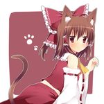  ahoge animal_ears ascot bad_id bad_pixiv_id blush bow cat_ears cat_tail detached_sleeves fujishiro_emyu hair_bow hair_tubes hakurei_reimu kemonomimi_mode midriff paw_pose ponytail solo tail touhou 