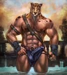  anthro baldric belt biceps big_muscles brown_fur bulge cheetah cheetahpaws clothed clothing detailed erection erection_under_clothes feline fist front fur garter guin guin_saga half-dressed half_human hand_on_hip holding hybrid leopard loincloth looking_at_viewer male mammal mask muscles navel pecs penis pose pubes sky solo standing straps tekken thong toned topless undressing vein water wet yellow_eyes 