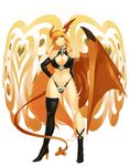  92m asymmetrical_clothes blonde_hair boots breasts cleavage demon_girl demon_tail demon_wings elbow_gloves gloves hand_on_hip head_wings heart highres large_breasts long_hair lord_of_vermilion navel pointy_ears sagano_yuuji solo succubus succubus_(lord_of_vermilion) tail thighhighs very_long_hair wings yellow_eyes 