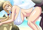  beach bikini blonde_hair breasts brown_eyes doggystyle hanging_breasts huge_breasts large_areola long_hair milf milk_cow_factory naruto nipples open_mouth outsidepenis sea seaside sex shiny swimsuit tsunade twintails 