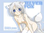  animal_ears blush breasts canine collar female fox foxgirl hair hentai kemonomimi kitsunemimi long_hair long_white_hair looking_at_viewer solo tail thigh_highs unknown_artist white_hair 