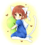  animal_ears bad_id bad_pixiv_id brown_eyes brown_hair cat_ears clannad dango_daikazoku dress hug kneeling okazaki_ushio sailor_dress school_uniform solo tail yotsuha 