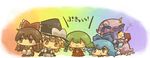  5girls :&gt; :3 ascot blonde_hair blue_eyes blue_hair blush_stickers book bow braid brown_eyes brown_hair chibi cirno detached_sleeves green_hair hair_bow hair_tubes hakurei_reimu hands_in_opposite_sleeves hat kazami_yuuka kirisame_marisa long_hair multiple_girls patchouli_knowledge plaid plaid_skirt plaid_vest purple_hair rainbow_background short_hair sitting skirt skirt_set sleeping smile touhou translated vest wata_(rakopepa) wings 