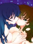  2girls blue_hair breast_press breasts brown_hair code_geass female genderswap green_eyes hand_holding holding_hands kururugi_suzaku lelouch_lamperouge lick licking long_hair luluko multiple_girls open_mouth punikkostella purple_eyes suzako symmetrical_docking tongue yuri 