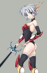  armor ass black_legwear blue_eyes boots breasts elbow_gloves fred0092 gloves hairband highres knee_boots langrisser langrisser_ii medium_breasts red_armor sherry_(langrisser) short_hair simple_background solo sword thighhighs very_short_hair weapon white_hair 