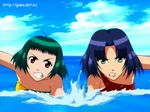  2girls angry bare_shoulders blue_hair cloud clouds farah_oersted green_eyes green_hair long_hair marone_bluecarno race racing red_eyes rival rivalry rivals serious short_hair sky strapless swimming tales_of_(series) tales_of_eternia water 