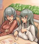  bespectacled blush breast_rest breasts casual closed_eyes drink glasses huge_breasts long_hair multiple_girls older open_mouth pink_eyes restaurant rozen_maiden siblings silver_hair sisters suigintou sweatdrop tsuda_nanafushi 