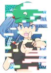  absurdres breasts cleavage fingerless_gloves gloves highres kaisyuu kawashiro_nitori midriff mosaic_background open_mouth pointing screwdriver small_breasts solo tank_top touhou two_side_up 
