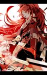  bare_shoulders boots chain colored_eyelashes eyelashes food grin highres knee_boots letterboxed li-e long_hair mahou_shoujo_madoka_magica mouth_hold pocky ponytail red_eyes red_hair sakura_kyouko smile smirk solo thighhighs very_long_hair weapon wrist_cuffs 