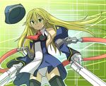  arc_system_works beret blazblue blonde_hair detached_sleeves gloves green_eyes gun hat long_hair necktie noel_vermillion panties pantyshot ribbon thighhighs tie underwear weapon 