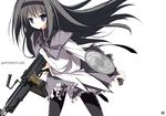  akemi_homura black_hair buckler gun hairband long_hair m249 machine_gun mahou_shoujo_madoka_magica pantyhose school_uniform serafuku shield solo suzuri_(tennenseki) weapon 